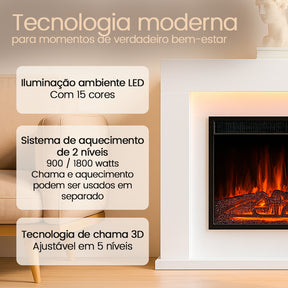 Lareira Elétrica com Chama 3D, Luz LED e Comando Remoto