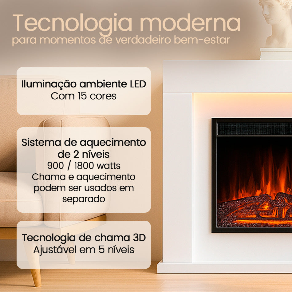 Lareira Elétrica com Chama 3D, Luz LED e Comando Remoto
